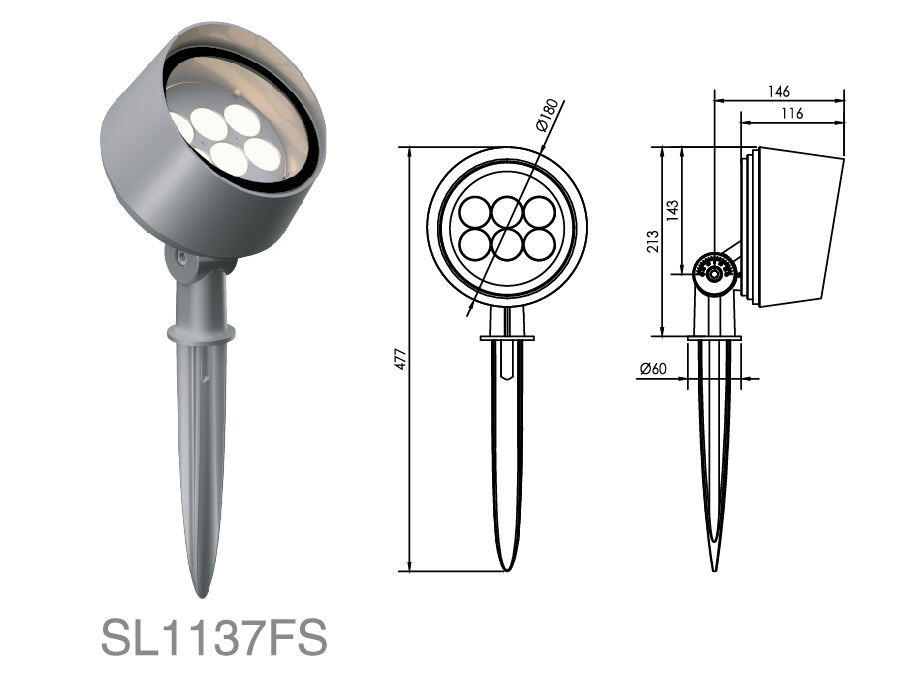 SL1137FS Medium-Power High-Output LED Floodlight with 6 high-performance LEDs, spike-mounted installation, and IP66-rated construction, ideal for garden lighting, pathways, and landscape enhancement.