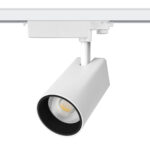 GS-TL15WRC60 15W LED track light in a modern white finish, mounted on a 3-phase track system, designed for commercial, retail, and gallery lighting applications.