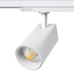 A white LED Track Light 36W GS-TL36WRC90 mounted on a 3-phase track system, featuring a high-performance COB LED chip for precision lighting. Designed for retail, gallery, showroom, and office applications, this energy-efficient 36W LED track light offers adjustable beam angles and superior colour rendering (CRI up to 97).