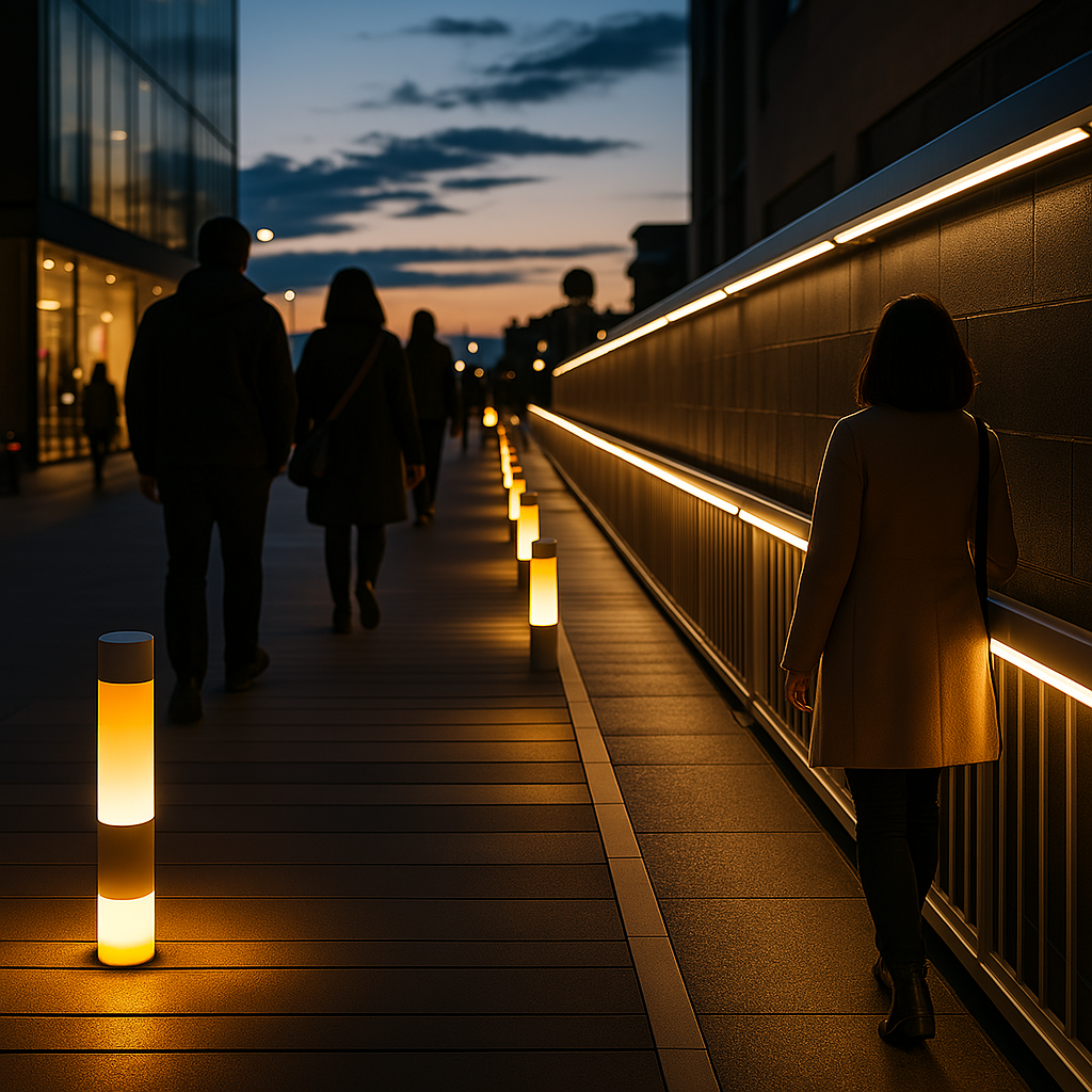 Pedestrian pathway illuminated by SiteBright linear LED lighting installed along right-hand side barrier for enhanced walkway safety.