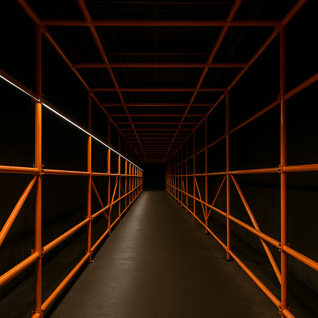Industrial scaffold tunnel illuminated by SiteBright hoarding LED lighting for pedestrian safety and visibility.